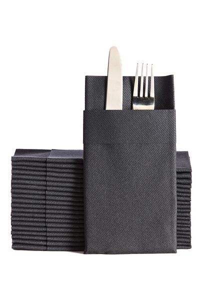 NapkinStore 50 Pieces Airlaid (Black) Fabric Textured Pocket Napkins 40*40 1/8 Fold
