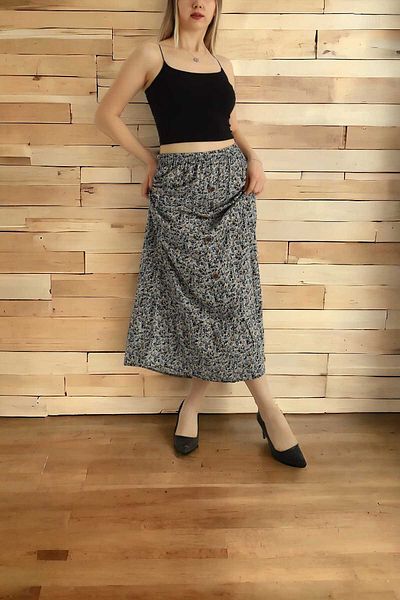 Aslında Look Patterned Woven Viscose Button Detailed Elastic Waist A-Line Ankle Length Skirt - Product Length 90cm Std Size