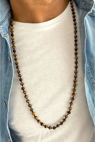 CRAZY TAKI TASARIM 6 Mm Tiger Eye Natural Stone 70-80 Cm Long Unisex Necklace