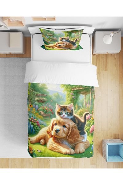 Erays Home Imprimat digital 3D - Set de lenjerie de pat drăguț pentru câini și pisici