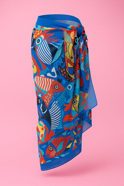 CUPSEA Women's Long Saks Blue Fish Patterned Pareo Does Not Show Underwear