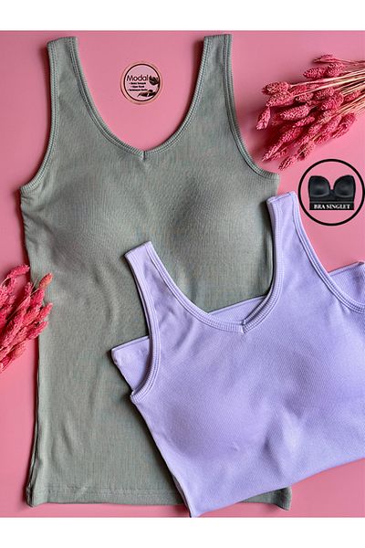 Elosia Chic Drape |   Modal 2-Piece V-Neck Bra, Green and White Color Camisole Women's Tank-Blouse