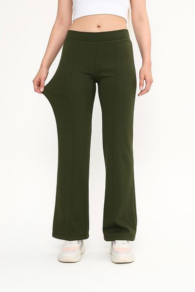 ASTRAC Modal Containing Women's High Waist Loose Wide Leg-Front Ribbed Grass Green Pants (New)