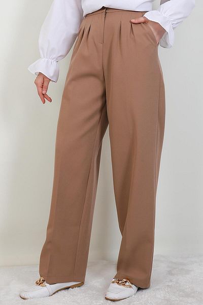 GİYZAMİLA Elastic Waist Buttoned Trousers Milk Coffee