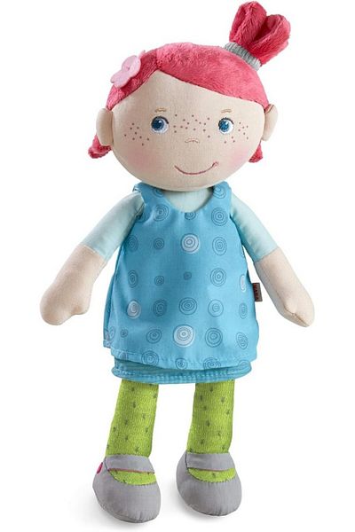 Haba Papusa moale, cu fata brodata, coada roz si rochie albastra detasabila, 25 cm,Haba