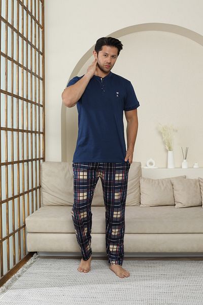 KAPİTEX Men's Short Sleeve, Bottom Long Placket Button, with Pockets 100% Cotton Indigo Color Father's Day Pajamas Set