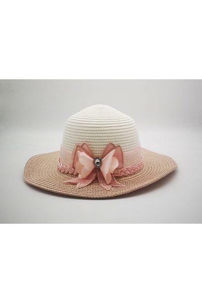 By Piera Girl's Ribbon Detail Pink-White Straw Hat 8793