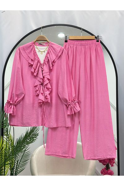 YEDİLALE Frapan Frapan Summer Long Sleeve Tunic Blouse Pants Set [Tunic and Pants Are Included in the Price]