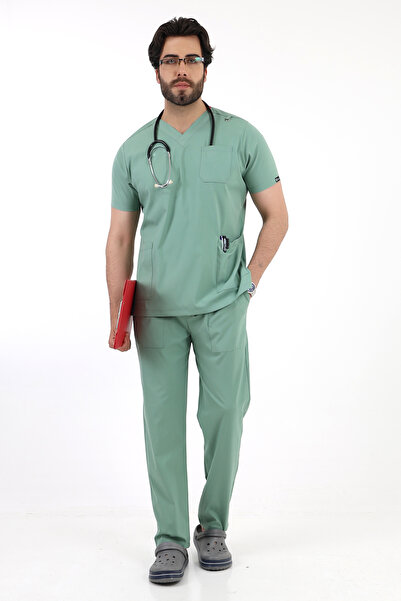 BEDUCA زي الطبيب من الليكرا الأخضر النعناعي Dr Greys برقبة على شكل حرف V وأكم...