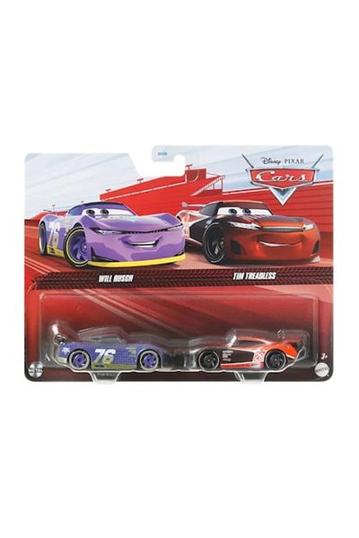 HOT WHEELS Set of 2 Hot Wheels Diecast Cars, Disney Pixar Cars Will Rush & Tim Treadless, 1:55 scale, Purple and