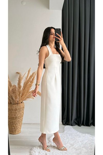 HARMONY GLOBAL Ecru Neck Strap Midi Dress with Slit Detail – Fit Mold, Tok Double Fabric 146