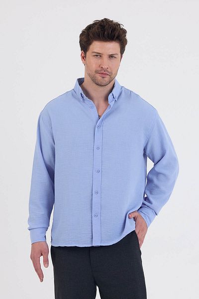 Bürke Cămașă pentru bărbați, cu mâneci lungi, cu textura de in de vară, culoare albastră
