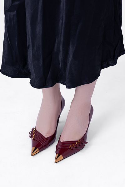 Tasarım Patent Leather Gold Metal Detailed Lace up Pointed Toe Stylish Stiletto Heeled Shoes - Elegant and Noble Design