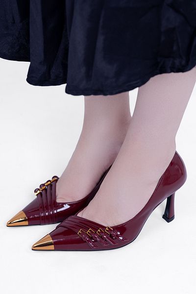 Tasarım Patent Leather Gold Metal Detailed Lace up Pointed Toe Stylish Stiletto Heeled Shoes - Elegant and Noble Design