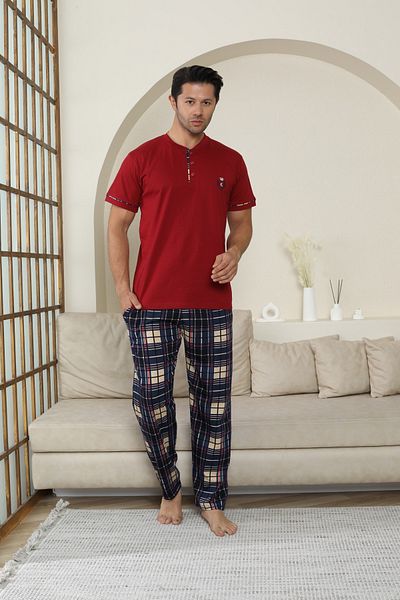 KAPİTEX Men's Short Sleeve, Bottom Long Placket Button, with Pockets 100% Cotton Burgundy Color Father's Day Pajamas Set