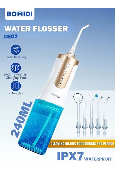 BOMIDI Water Flosser for Cleaning Teeth 360° Rotation 6 Nozzles 240ml Water Tank IPX7 Type-C