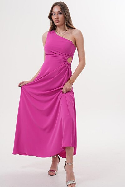 Flame İstanbul Butik Rochie lungă fucsia cu un singur umăr, cu detaliu de fereastră laterală - MCK5956