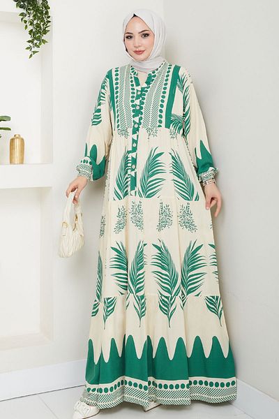 InStyle Polka Dot Palm Pattern Green Viscose Dress