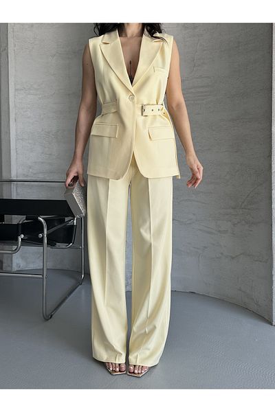 MYGİYİMİSTANBUL Belt Detail Vest Loose Pant Suit-Women's Suit