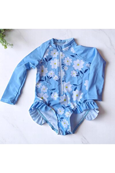 The Cloudish Shop Baby Girl Kids Long Sleeve Zippered Swimsuit - Blue Daisy F...