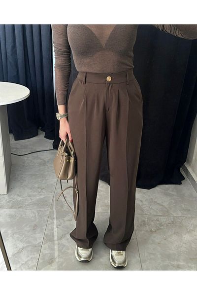 LİSAA BUTİK Premium Series Gold Button Detail Waist Elastic Palazzo