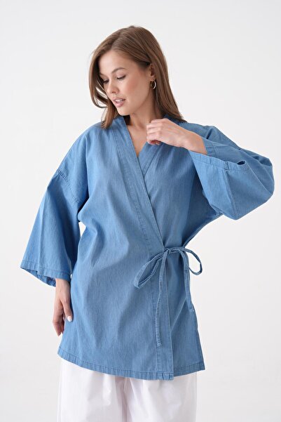 minaaise Jachetă kimono din denim subțire cu dantelă albastră pentru femei 29223