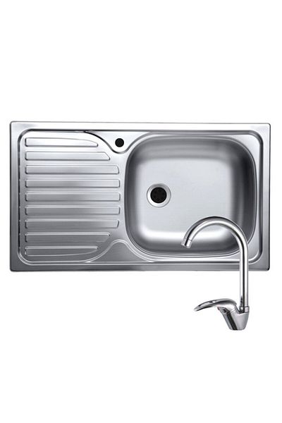 Italbox Anti-limescale stainless steel sink set for countertop plus swan mixer tap, 43.5x76 cm, right bowl
