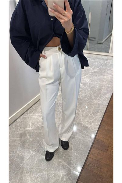 LİSAA BUTİK Premium Series Gold Button Detail Waist Elastic Palazzo