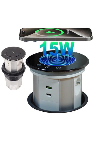 ATOMKIT Priza Incorporabila Retractabila ATOMKIT® One, Incarcare Wireless 15W, 3 Prize, 2 Porturi USB, NEGRU