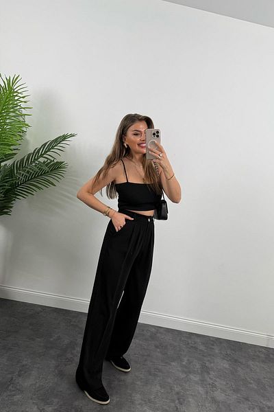 LİSAA BUTİK Premium Series Gold Button Detail Waist Elastic Palazzo