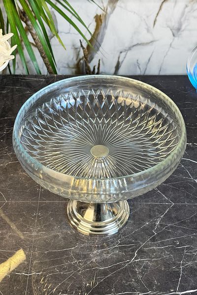 MAY HOME Silver Metal Leg Glass Presentation Plate & Tableware Presentation Plate