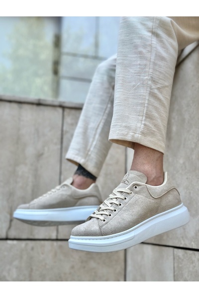 EBRUS TREND Et0547 Thick High Sole Cream Suede Lace-Up Sports Men's Shoes