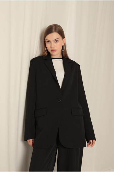 Kaktüs Kadın Atlas kumaş siyan blazer ceket palazzo pantolon takım elbise