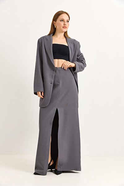 Raneel Kazançlı Alışveriş Slit Skirt Oversize Jacket Double Suit Smoked