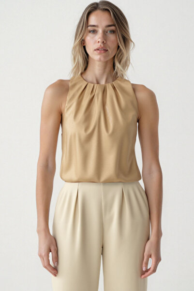 Vitrin Shiny Fabric Pleated Front Elastic Blouse