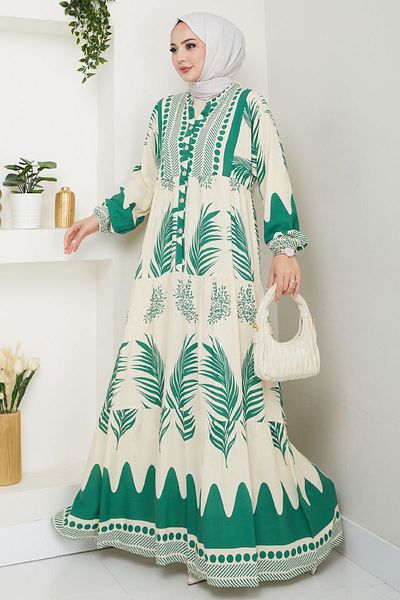 InStyle Polka Dot Palm Pattern Green Viscose Dress