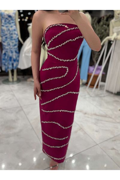 missswans Medina Stone Wave Λεπτομέρεια Στράπλες Midi Μήκος Βραδινό Φούξια