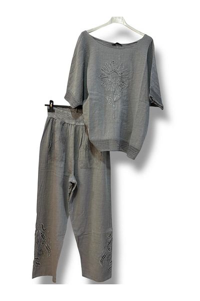 AGORATEKSTİL Women's Pockets Embossed Leg Scalloped Linen Combination