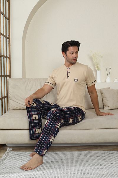 KAPİTEX Men's Short Sleeve, Bottom Long Patch Button, with Pockets 100% Cotton Beige Color Father's Day Pajamas Set