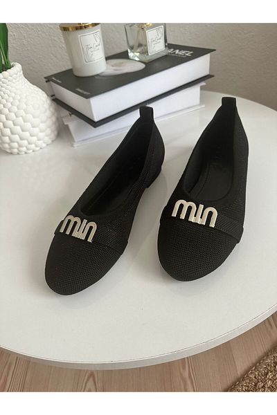 ZİESCE Women's Black Silver Buckle Knitwear Ballet Shoes