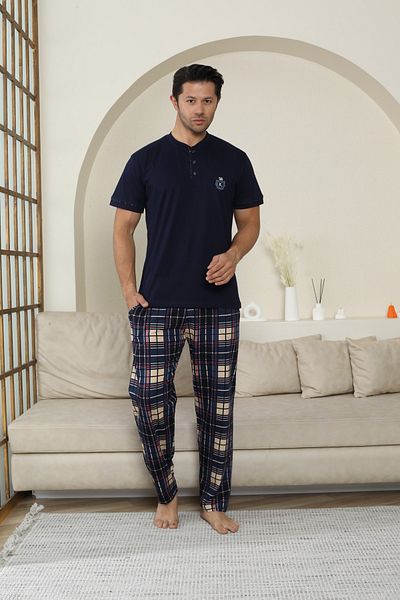KAPİTEX Men's Short Sleeve, Bottom Long Placket Button, with Pockets 100% Cotton Navy Color Father's Day Pajamas Set