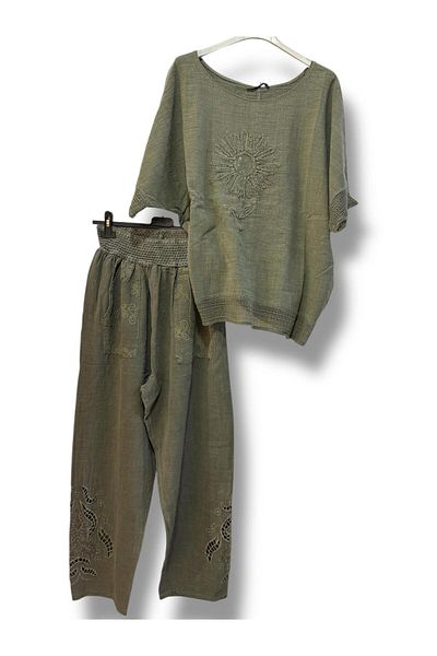 AGORATEKSTİL Women's Pockets Embossed Leg Scalloped Linen Combination