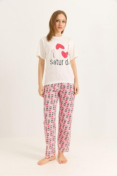 Raneel Kazançlı Alışveriş Crew Neck Elastic Waist Pajama Suit Pink