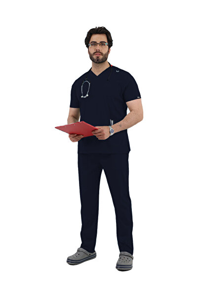 BEDUCA بدلة طبية من الليكرا باللون الأزرق الداكن من Dr Greys برقبة على شكل حر...