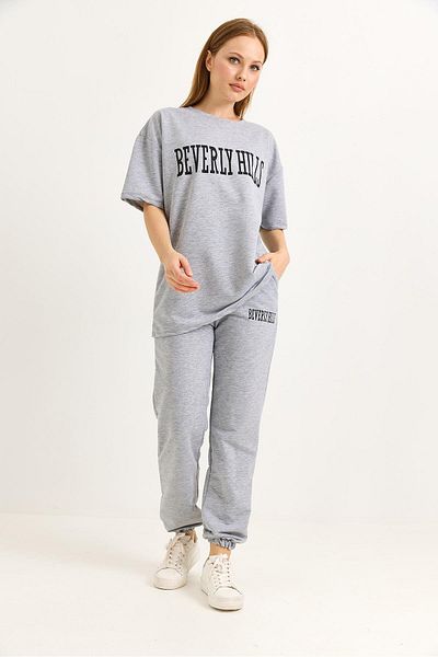 Raneel Kazançlı Alışveriş Print Detailed Knitted Double Tracksuit Set Gray