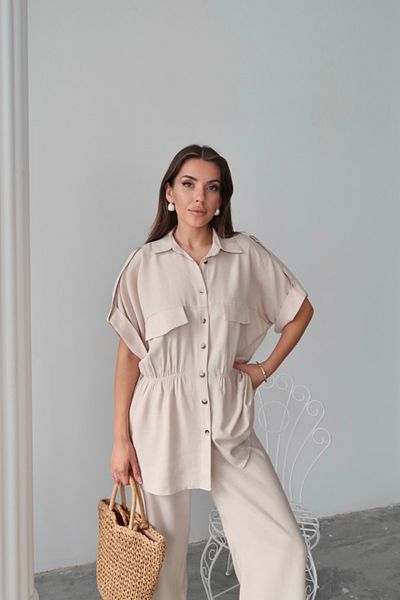 KAZAK Linen Waist Tie-Up Detail Shirt - Pants Suit - Beige