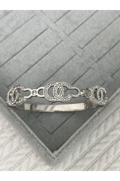 JELLY Unisex Steel Silver Color Zircon Stone Double Ring Detailed Handcuff Bracelet