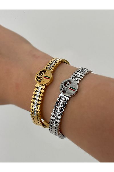 JELLY Unisex Steel Italian Model Zircon Stone Zigzag Patterned Handcuff Bracelet