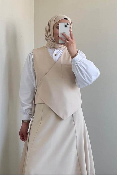lamelif Tie Detailed Hijab Suit Stone