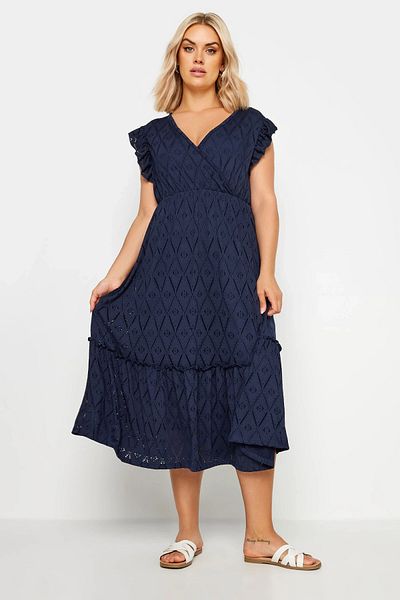 Stil Diva Plus Size V-Neck Short Ruffle Sleeve Lace Detail Elastic Waist Midi Dress 303287